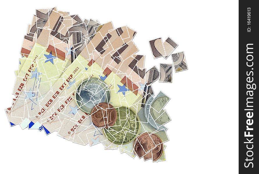 Collage of Euro coins resting on banknotes. Collage of Euro coins resting on banknotes