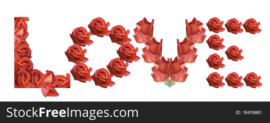 LOVE sign rose flowers for valentines, mothers day, birthday to show affection isolated on white. LOVE sign rose flowers for valentines, mothers day, birthday to show affection isolated on white