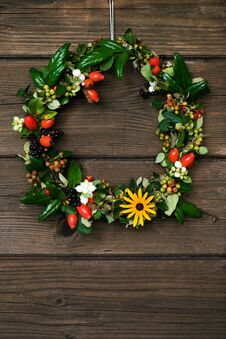Autumn Wreath With Berries On A Wodden Background Royalty Free Stock Photography