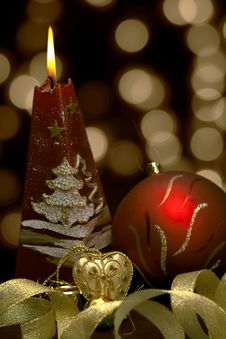 Christmas  Still Life - Red Burning Candle With Ev Stock Images