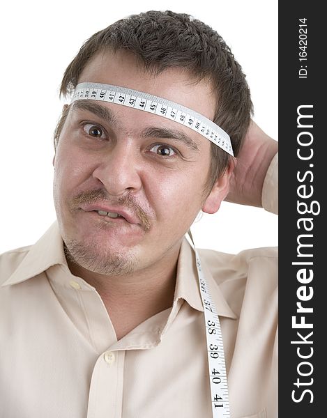 Man measuring his head, isolated on white