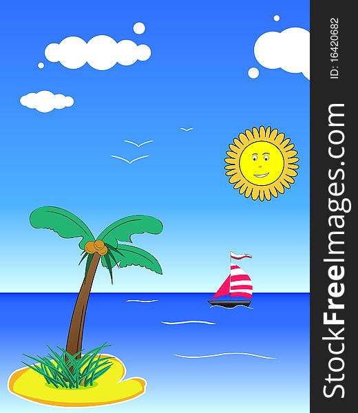 Yachts on the ocean - summer holiday background. Cartoon