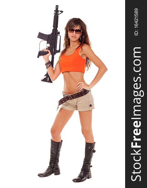 Image of a posing girl with a rifle. Image of a posing girl with a rifle