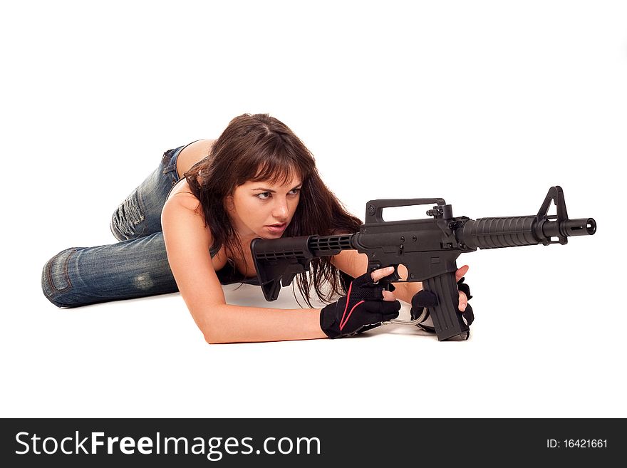 Image of a posing girl with a rifle. Image of a posing girl with a rifle
