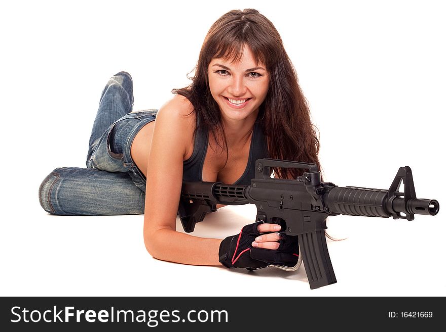 Image of a posing girl with a rifle. Image of a posing girl with a rifle