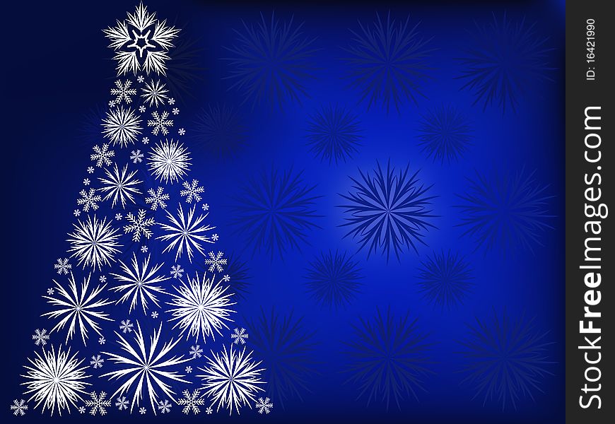 Christmas tree with white snowflakes on the background of blue snowflakes. Christmas tree with white snowflakes on the background of blue snowflakes