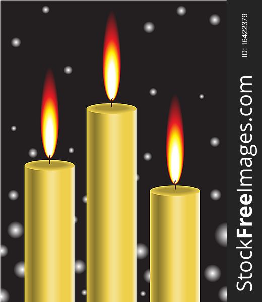 Three burning gold candles on a black background with snowflakes