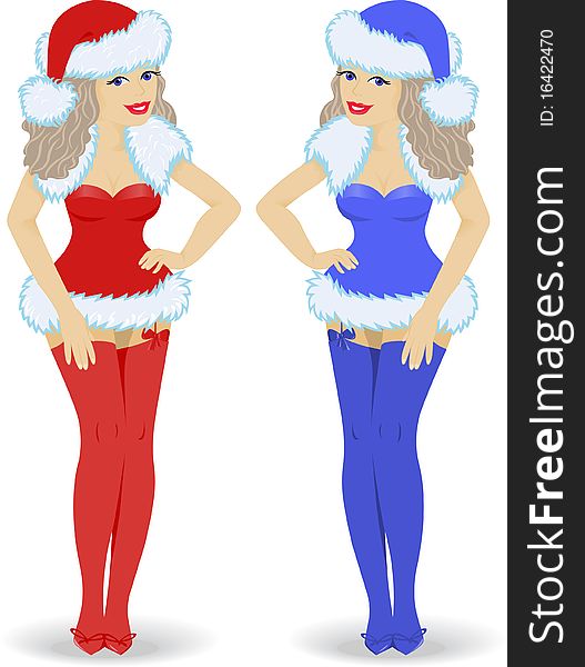 Two Snow Maiden in red and blue dresses with a white background