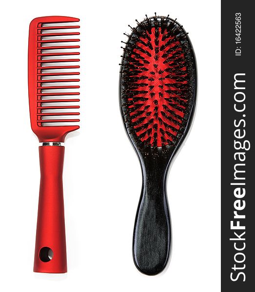Collage massage black and red comb insulated on white background
