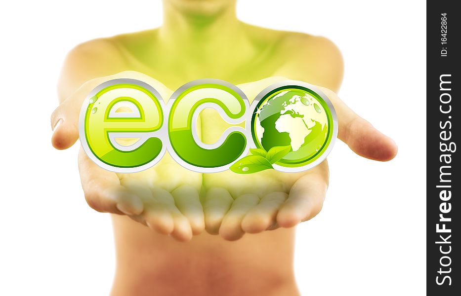 Hands holding eco sign with green leafs