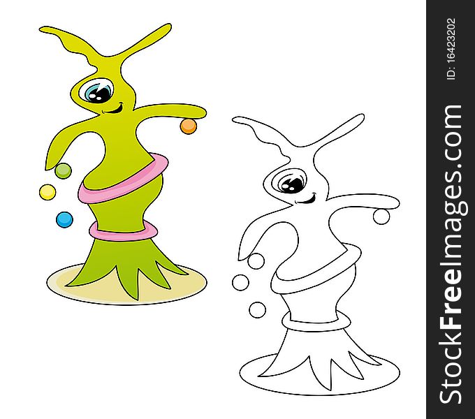 Playful alien cartoon in two versions. The black and white version is useful for coloring book pages for children.