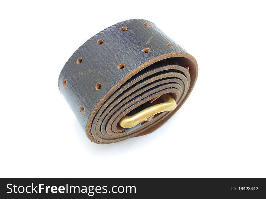Brown officer belt braided in a roll as a roll with a metal metal plate.