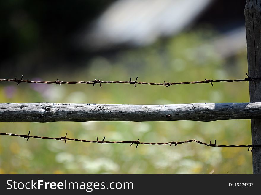 Barbwire on an wooden fence.