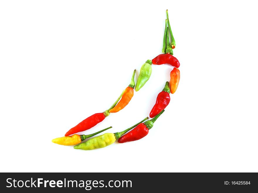 Aligned colorful chili isolated on white background