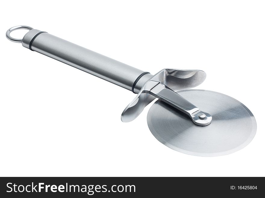 Stainless steel pizza cutter, isolated on white