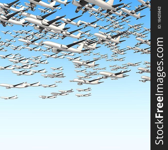 Many airplanes on blue sky 3d render