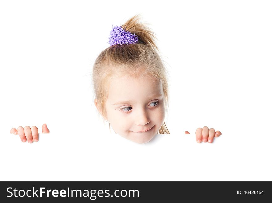Little girl looking over empty board isolated