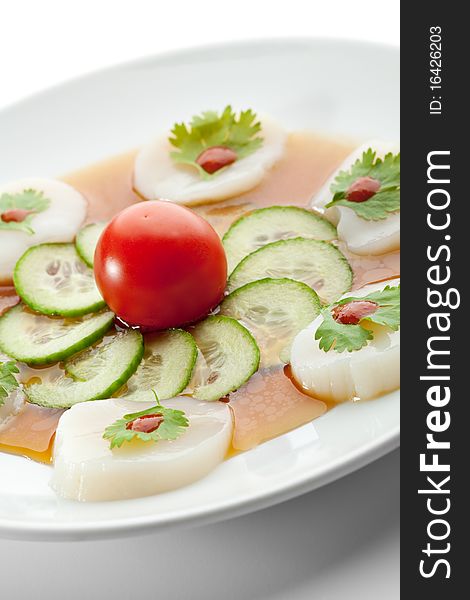 Appetizer - Sea Scallop with Sauce and Cherry Tomato. Appetizer - Sea Scallop with Sauce and Cherry Tomato
