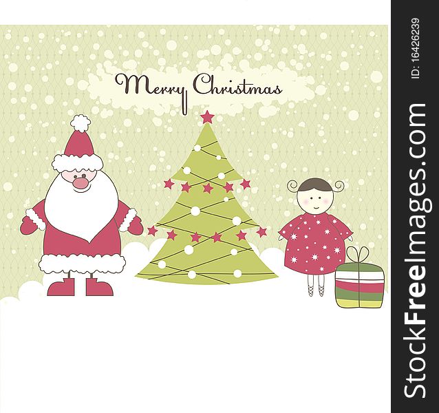 Card With Santa And Girl. Vector Illustration