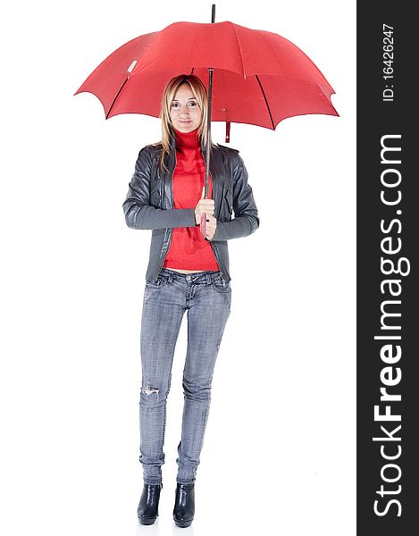 Happy smiling woman under her red umbrella. Happy smiling woman under her red umbrella