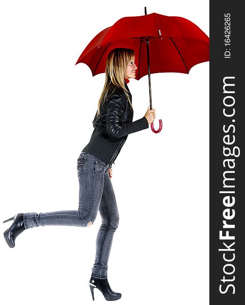 Happy smiling woman under her red umbrella. Happy smiling woman under her red umbrella