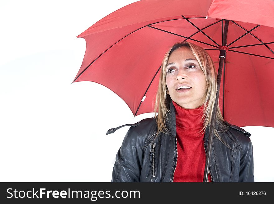 Happy smiling woman under her red umbrella. Happy smiling woman under her red umbrella