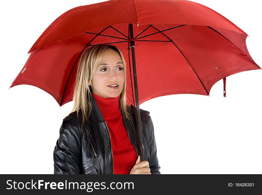 Happy smiling woman under her red umbrella. Happy smiling woman under her red umbrella