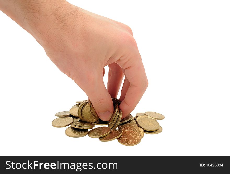Man's hand taking coins. Man's hand taking coins