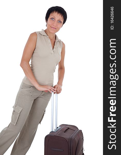Young woman stands with traveling suitcase isolate