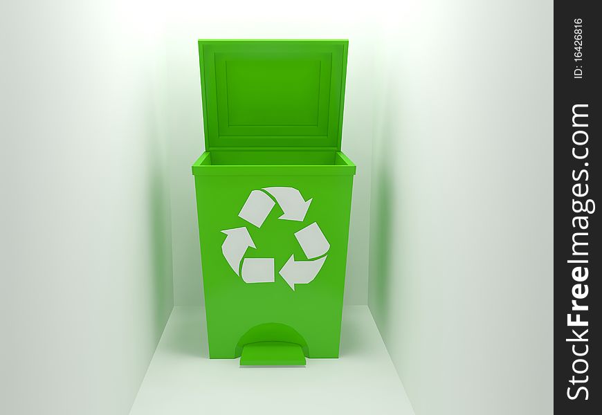 Recycle bin, green material over white background