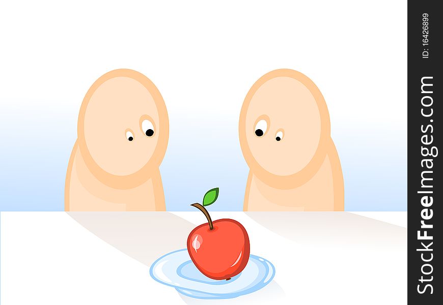 Comics. Two persons want to eat one apple. Adam and Eve. Comics. Two persons want to eat one apple. Adam and Eve.