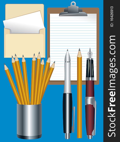 Vector illustration. Colored painted items and tools for writing. Vector illustration. Colored painted items and tools for writing