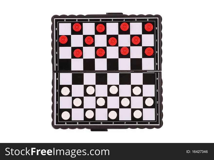 The image of chessboard with white and red draughts