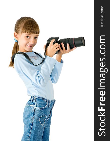 The girl - photographer is photographed on the white background