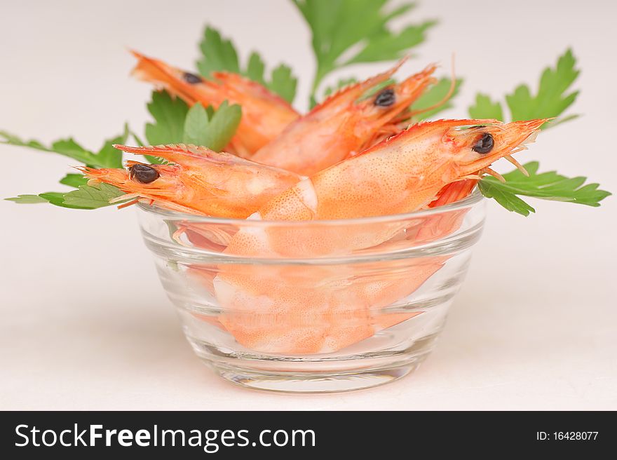 Fresh shrimps in a glass bowl