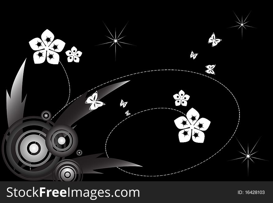Illustration of the black background with flowers and butterflies