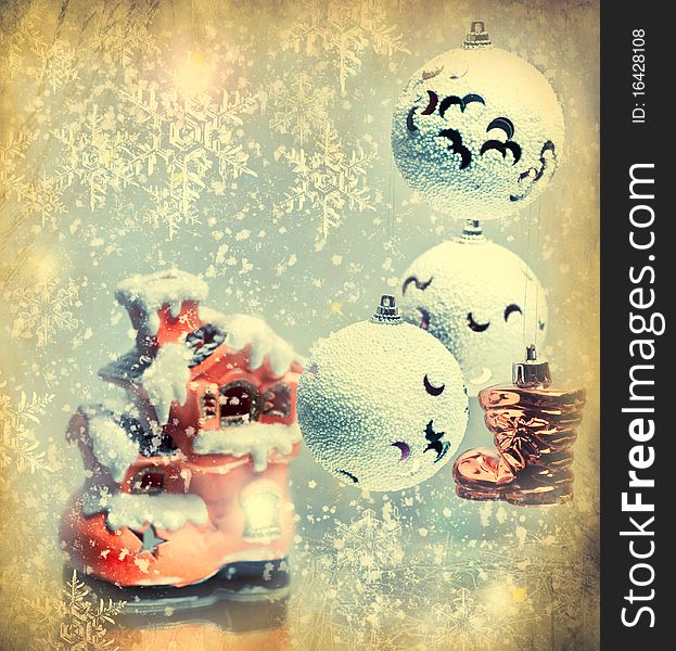 Christmas composition with white balls - picture in retro style. Christmas composition with white balls - picture in retro style