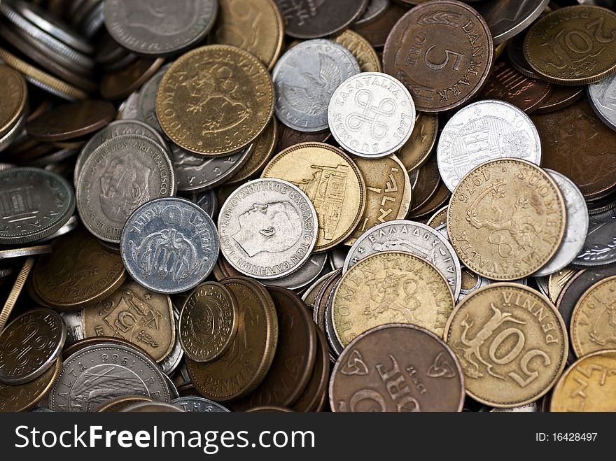 A collection of coins from different countries