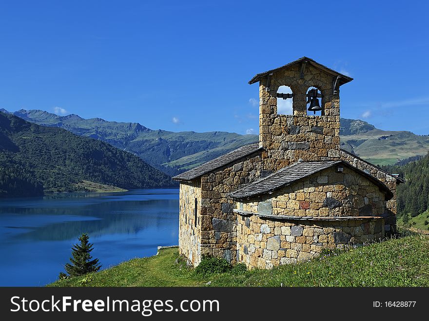 Chapel of Roselend lake in France. Chapel of Roselend lake in France