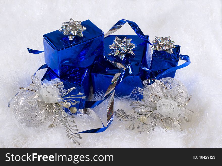 Blue Boxes And Christmas Decoratoins