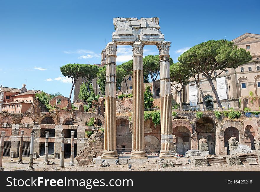 The 3 columns Corinthian order of the temple of Castor and Pollux (Tempio dei Dioscuri) is an ancient edifice in the Roman Forum, Rome, Italy. The 3 columns Corinthian order of the temple of Castor and Pollux (Tempio dei Dioscuri) is an ancient edifice in the Roman Forum, Rome, Italy.