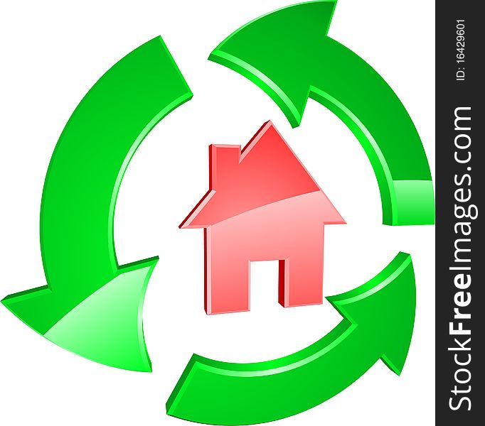 Red house with green recycling symbol. Red house with green recycling symbol