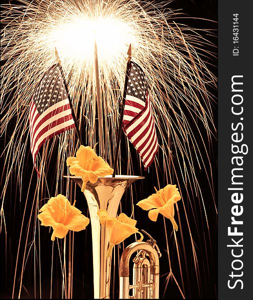 Fireworks, american flags, flowers, and musical horn as celebration. Fireworks, american flags, flowers, and musical horn as celebration