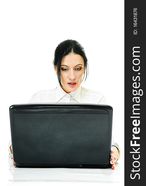 Pretty business lady with laptop on white