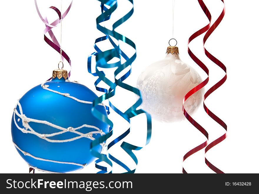 Christmas decoration from blue and white balls. Isolated on white. Christmas decoration from blue and white balls. Isolated on white