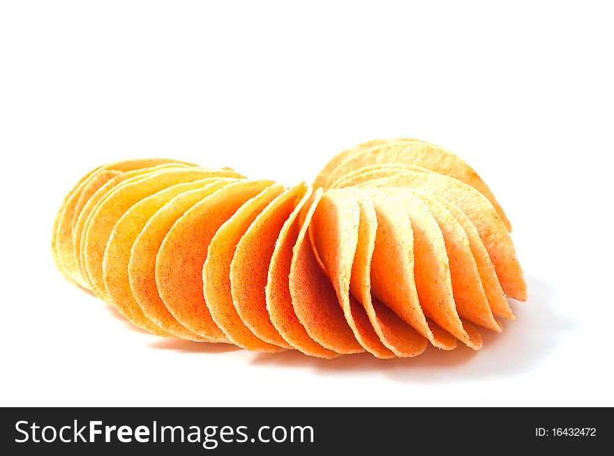 Potato chips on white background