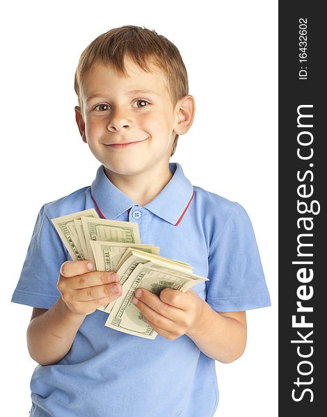 Child with dollars isolated on white