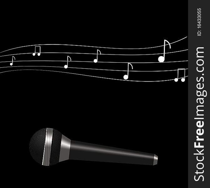 Microphone, with notes on a black background. Microphone, with notes on a black background