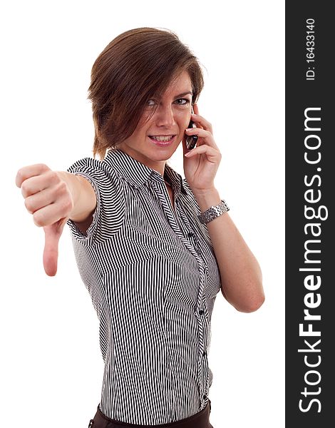 Business woman with thumb down gesture and mobile phone. Business woman with thumb down gesture and mobile phone