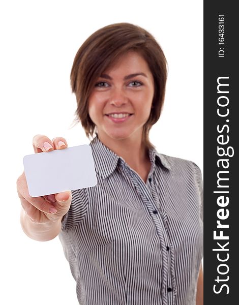 Portrait of a beautiful business woman holding a white card. Isolated. Portrait of a beautiful business woman holding a white card. Isolated